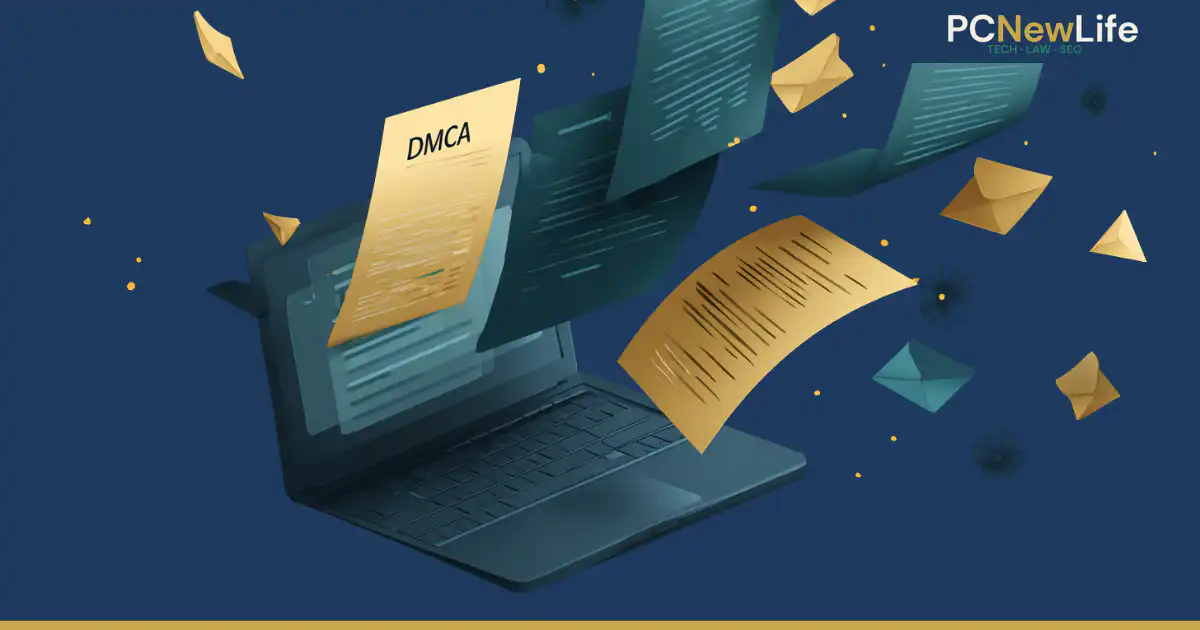 Illustration of a DMCA notice emerging from a laptop, surrounded by flying digital documents and envelopes on a dark navy background