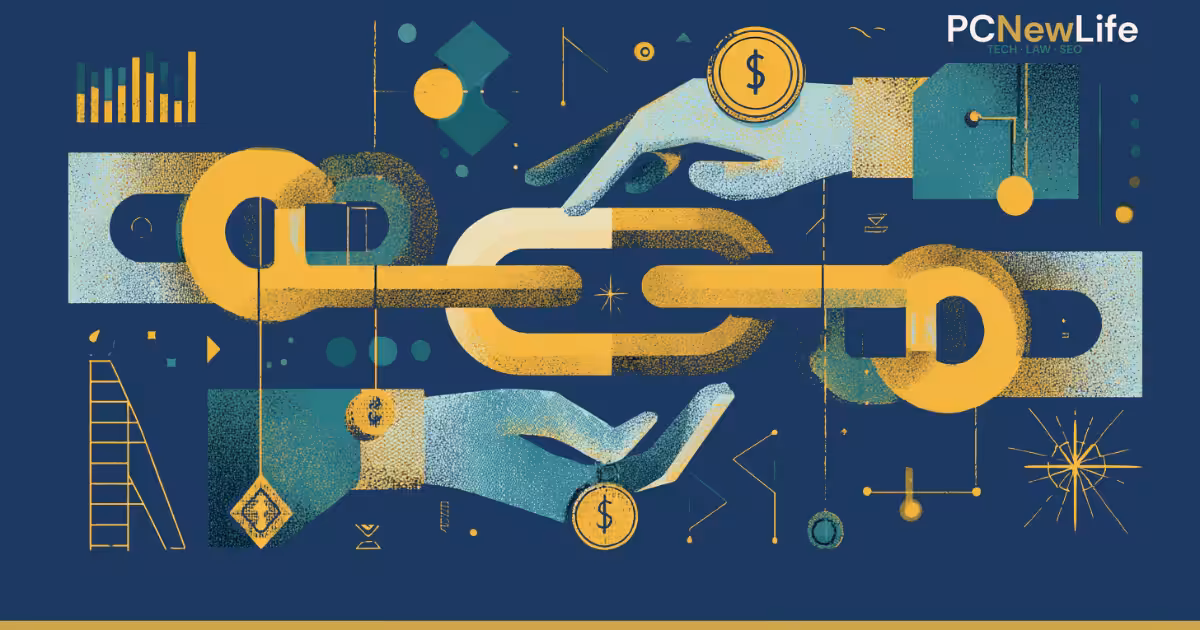 Abstract illustration of paid backlinks in SEO, golden chain with coins and geometric hands, ranking charts, on dark navy background